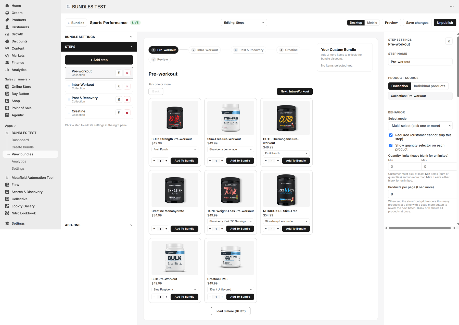 The Presto Bundles editor inside Shopify admin: step list on the left, live bundle canvas in the middle, step settings on the right