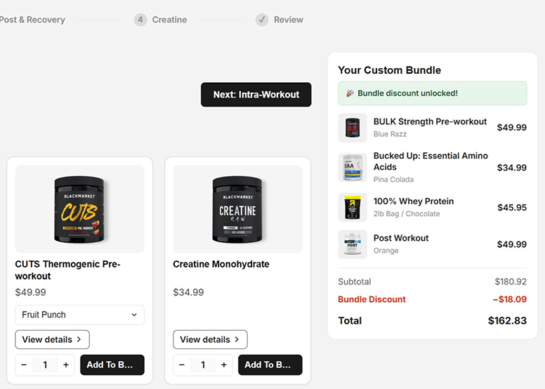 A Presto Bundles build-a-box: two supplement products with an Add to Bundle button, and a Your Custom Bundle sidebar showing the bundle discount unlocked and $18 off the total