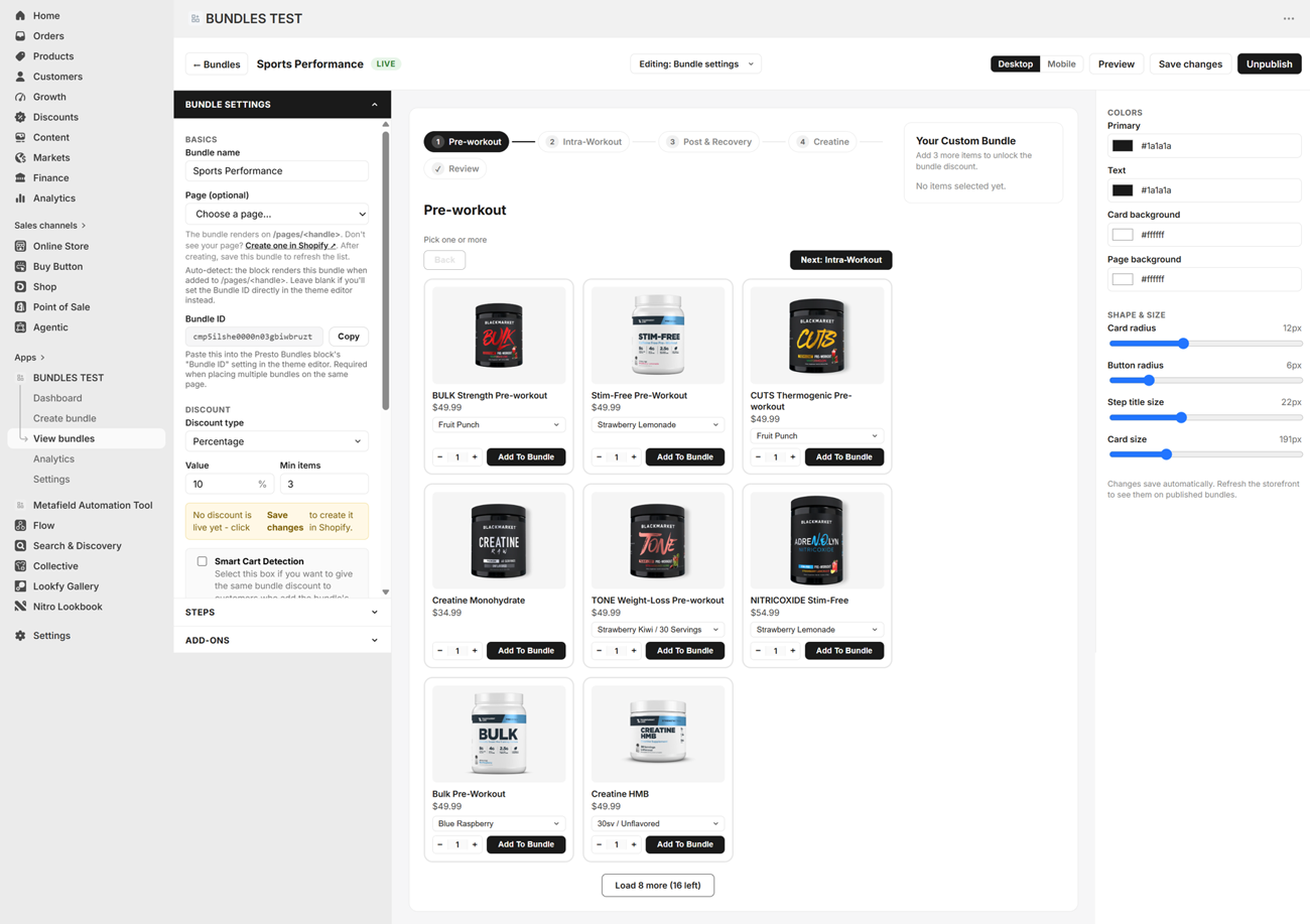 Configuring a bundle in Presto Bundles: discount type and value, minimum items, and brand color and radius controls